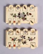 A PAIR OF JAPANESE MEIJI PERIOD SHIBAYAMA IVORY GAMES COUNTERS, each inlaid with semi precious