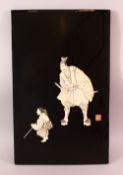 A JAPANESE MEIJI IVORY, BONE AND MOTHER OF PEARL PANEL, depicting a samurai and boy apprentice,