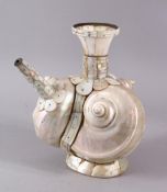 A UNUSUAL 18TH CENTURY INDIAN GOA INLAID MOTHER OF PEARL SHELL FORMED WATER EWER, 24cm X 22cm.