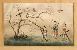A CHINESE PAINTING ON SILK, depicting three figures hunting birds, framed 43.5cm x 32cm