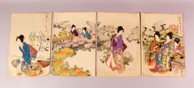 FOUR JAPANESE MEIJI PERIOD WOODBLOCK PRINTS BY CHIKANOBU YOSHU 1838 - 1912, depicting geisha viewing