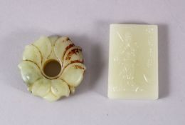 TWO CHINESE CARVED JADE BI & TABLET / PENDANT, one carved in the form of lotus, 5cm, the other of