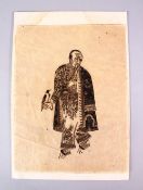 A GOOD CHINESE RUBBING ON PAPER OF AN IMMORTAL FIGURE, stood with a bird upon his hand, a pipe in