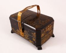 A JAPANESE LACQUER SEWING BOX, with a metal handle and floral gilt decoration, with lift up and o0ut