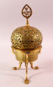 A SYRIAN THREE PIECE BRASS OPENWORK INCENSE BURNER, with calligraphic top and bands at the base,