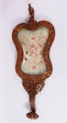 A CHINESE LATE QING DYNASTY CARVED WOOD FAN / RUYI SHAPED PANEL & EMBROIDERED SILK - the shaped