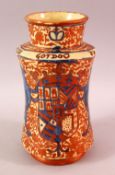 A SPANISH MORESQUE LUSTRE POTTERY MEDICINE JAR, decorated with a copper lustre and lion