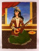 A LARGE PERSIAN OIL ON CANVAS - depicting a female with an instrument, 122cm x 90cm