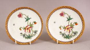 A PAIR OF CHINESE POLYCHROME DECORATED PORCELAIN PLATES, with floral decorations, base with six