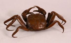 A JAPANESE BRONZE FIGURE OF A CRAB, the underside with a mark, 15.5cm wide.