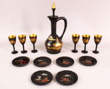 A SET OF CHINESE LACQUER WARE CUPS & EWER, comprising 6 cups and saucers and one pot, each with