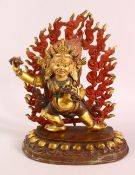 A LARGER THREE PIECE CHINESE GILT BRONZE FIGURE OF BUDDHA, 28cm high