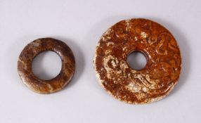 TWO CHINESE ARCHAIC STYLE CARVED JADE BI DISK, 6.5cm & 4.3cm