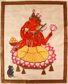 A INDIAN SILK PAINTING OF GANESH / DEITY, 55cm x 45cm