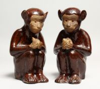 A PAIR OF CHINESE POTTERY SEATED MONKEYS, 6.5ins.