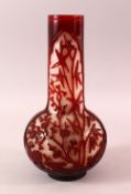 A 19TH CENTURY CHINESE CARVED RED OVERLAY GLASS VASE, the overlay red depicting flora and foliage