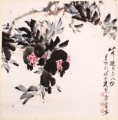 A CHINESE SCROLL PAINTING OF A DISPLAY OF FLORA, the painting on paper depicting a colourful spray