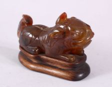 A CHINESE CARVED AGATE FIGURE OF A RECLINING BEAST, 13cm long, on a wooden stand.