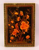 A PERSIAN QAJAR LACQUER TWO PIECE MIRROR COVER, decorated with birds and floral spray, 26cm x 19cm
