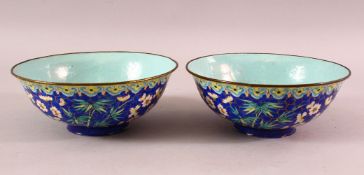 A GOOD PAIR OF CHINESE JIAQING PERIOD CANTON ENAMEL BOWLS, each with turquoise and blue ground