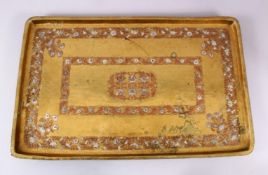 A LARGE EARLY 19TH CENTURY SOUTH INDIAN TANJORE SILVER AND COPPER INLAID RECTANGULAR TRAY, 59cm x