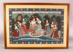 A LARGE INDIAN PAINTING ON SILK, PICHIWA, depicting a blue skin god with female attendants, 106cm