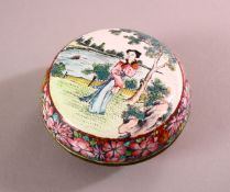 A SMALL 19TH / 20TH CENTURY CHINESE CANTON ENAMEL BOX & COVER, decorated with scenes of figures in