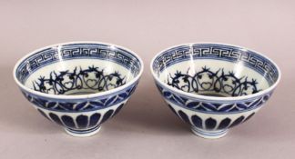 A PAIR OF CHINESE / ISLAMIC BLUE & WHITE MING STYLE PORCELAIN CUPS, 10.5cm.