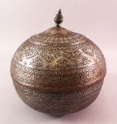 A GOOD 17TH CENTURY PERSIAN TINNED COPPER CALLIGRAPHIC BOWL & COVER - SIGNED MOHAMMAD HERAVI, the