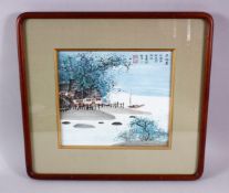 A CHINESE FRAMED PAINTED WATERSIDE LANDSCAPE VIEW, the picture painted on paper, depicting a