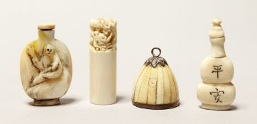 TWO SMALL IVORY SNUFF BOTTLES, together with two other pieces (4).