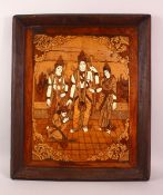 AN INDIAN INLAID WOODEN PANEL, inlaid with exotic woods and bone, depicting figures, 65cm x 55cm.
