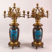 A VERY GOOD PAIR OF JAPANESE CLOISONNE AND ORMOLU NINE LIGHT CANDELABRA, the candle branches