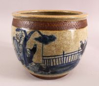A CHINESE CRACKLE GLAZED UNDERGLAZE BLUE PORCELAIN POT, decorated with children in landscapes,