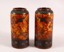 A PAIR OF JAPANESE CLOISONNE VASES OF CYLINDRICAL FORM, gold ground, 15cm high.