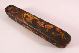 A PERSIAN QAJAR LACQUERED PEN BOX containing the brass inkwell, 23cm long.