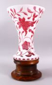 A LARGE DECORATIVE BOHEMIAN CUT GLASS FLORAL VASE, the large vase with floral decoration in pin