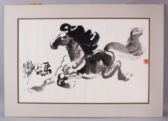 A CHINESE INKWORK PAINTING OF A STYLIZED HORSE - MA DAO CHENG GONG, the horse in a a stylized