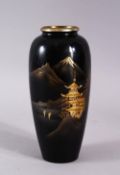 A JAPANESE BRONZE LANDSCAPE SIGNED VASE, the bronze blackened and carved with landscape