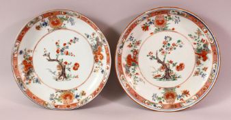 A PAIR OF 19TH CENTURY CHINESE IMARI FAMILLE VERTE / ROSE PORCELAIN PLATES, each decorated