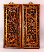 A PAIR OF 19TH CENTURY GILT WOOD CARVED HANGING PANELS, each carved with immortals in landscapes,