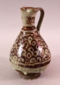A 14TH CENTURY ISLAMIC RAQQA SYRIA POTTER EWER, drip glaze with brown decoration, 21cm