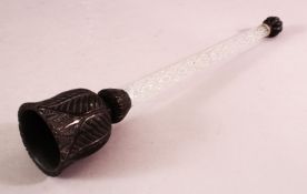 AN UNUSUAL CARVED HARD STONE AND GLASS FLY WHISK / SWISH, 33cm.