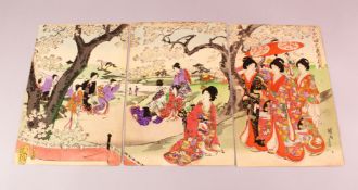 THREE JAPANESE MEIJI PERIOD WOODBLOCK PRINT BY CJIKANOBU YOSHU 1838 - 1912, depicting geisha amongst