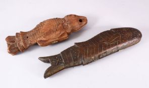 TWO INDIAN CARVED WOOD SPICE BOXES in the form of fish, 43cm and 35cm.