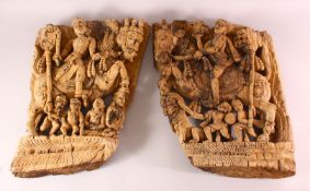 TWO 18TH/19TH CENTURY SOUTH INDIAN CARVED WOODEN PANELS, each depicting a figure on horseback with