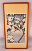 A LARGER JAPANESE WOODBLOCK PRINT BY TOSHI YOSHIDA 1911 - 1995, sitting under snow covered