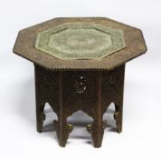 A GOOD LATE 19TH CENTURY PERSIAN CARVED HARDWOOD AND BRASS OCTAGONAL SHAPED TRAY TOP TABLE, inset