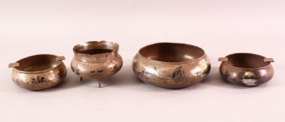 FOUR IRAQ SILVER ITEMS, comprising two ashtrays and two bowls, each with inlaid ships and