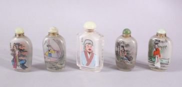 A MIXED LOT OF 5 CHINESE REVERSE PAINTED SNUFF BOTTLES, each with decoration of figures mostly in